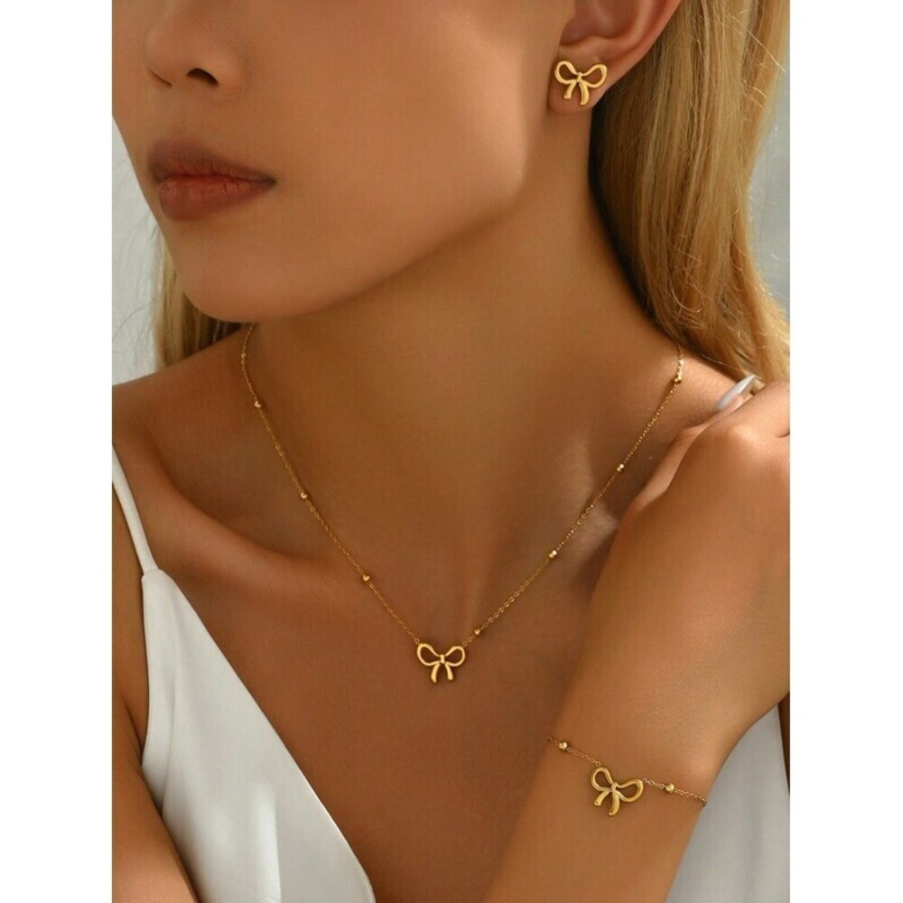Hollow Bow Beaded Steel Chain Necklace, Bracelet, Earrings Jewelry Set, Gif